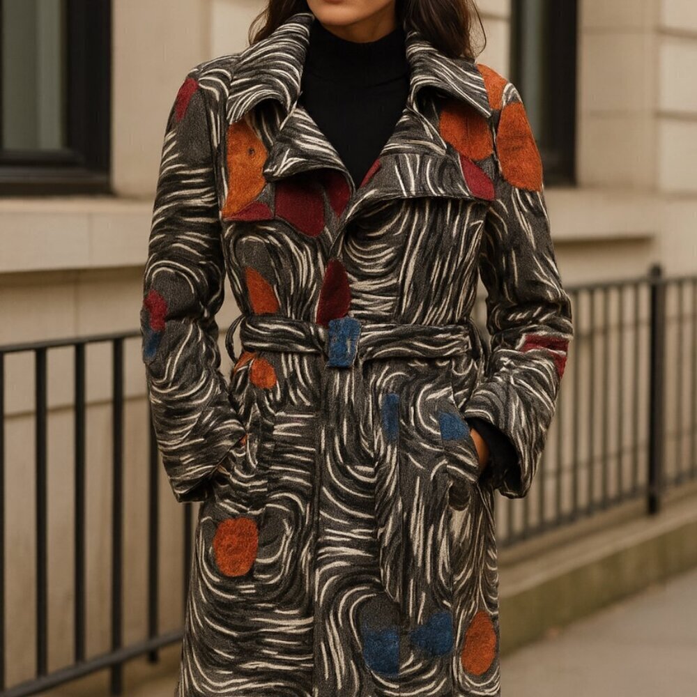 Vintage 1970s Abstract Belted Coat Sz S